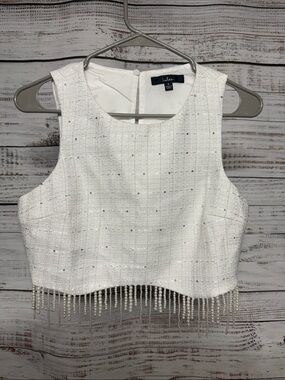 Lulus Voguish Ways White Tweed Pearl Fringe Crop Top